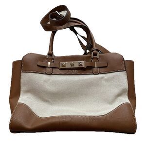 GUESS Raffie Carryall Purse Shoulder Strap Zip Pockets Brown Tan Camel Tote Bag